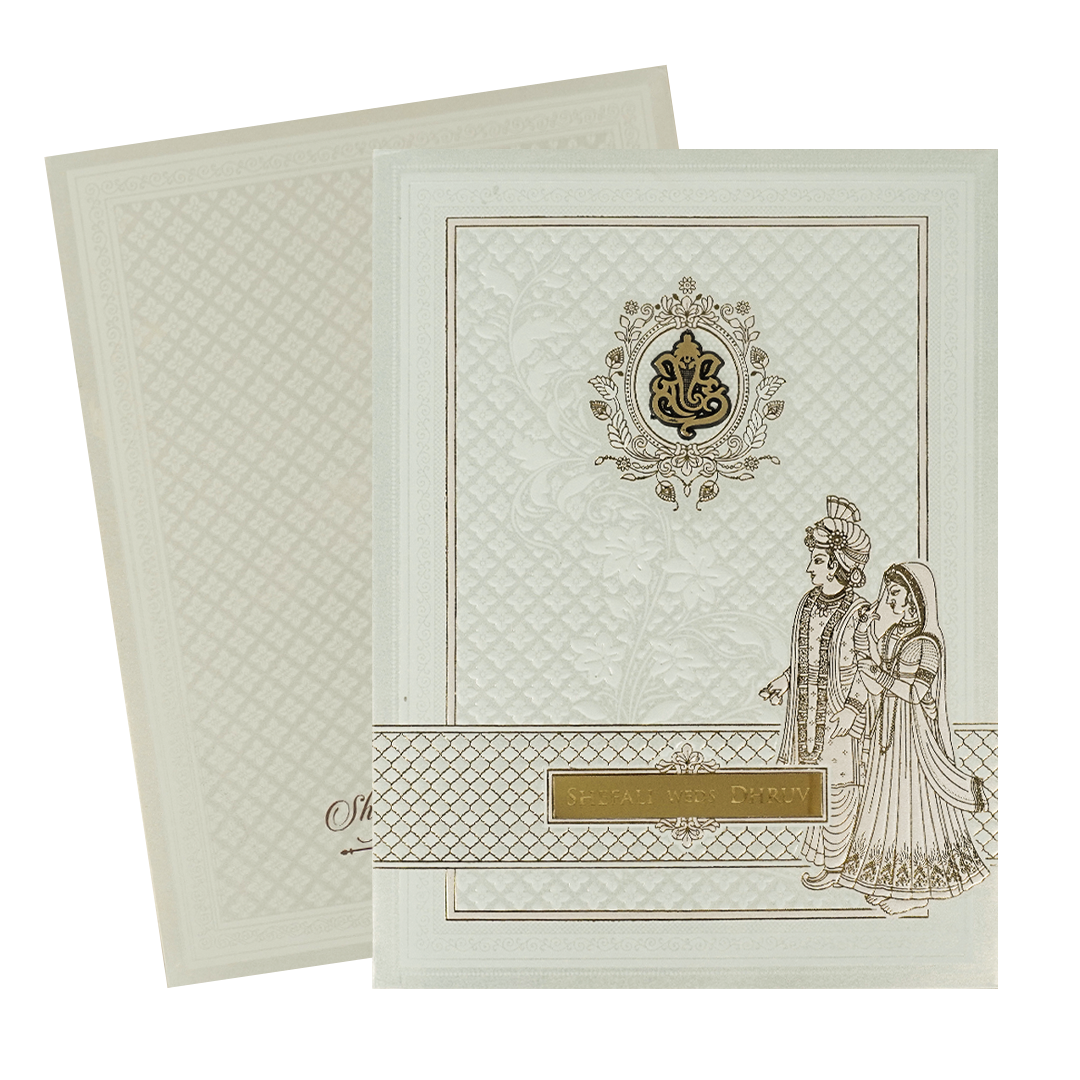 White Royal Couple Embossed Padded Wedding Card-KRE28140