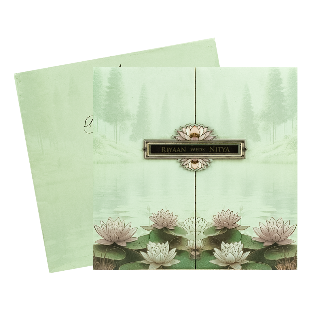 Green Lotus Padded Wedding Card-KRC31160