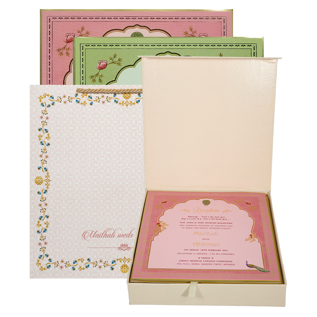 Pink Peacock Theme Wedding Invitation Box-KMMEX8370