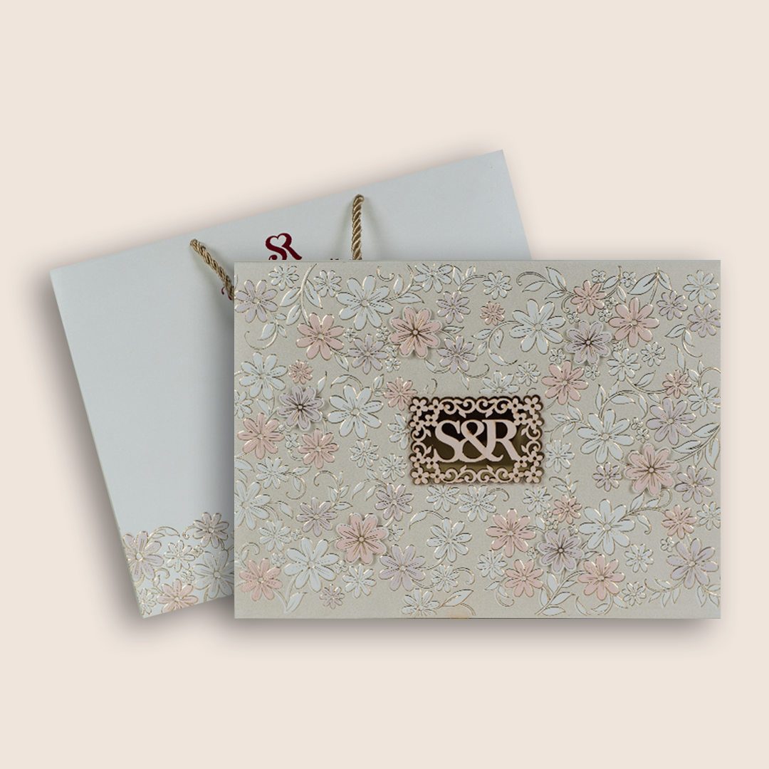 White Embossed Floral Premium Wedding Invitation Box - KSI33220
