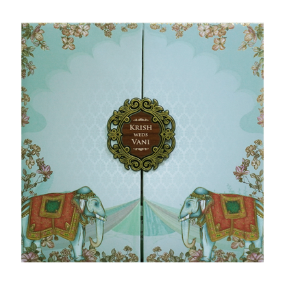 Pastel Blue Elephant Door Padded Wedding Card - KVN07540