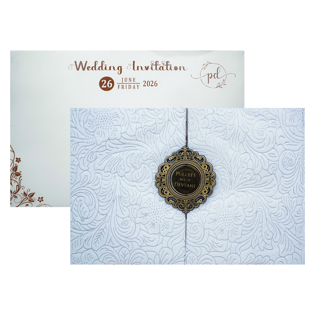 White Floral Embossed Padded Wedding Card-KJTS1850
