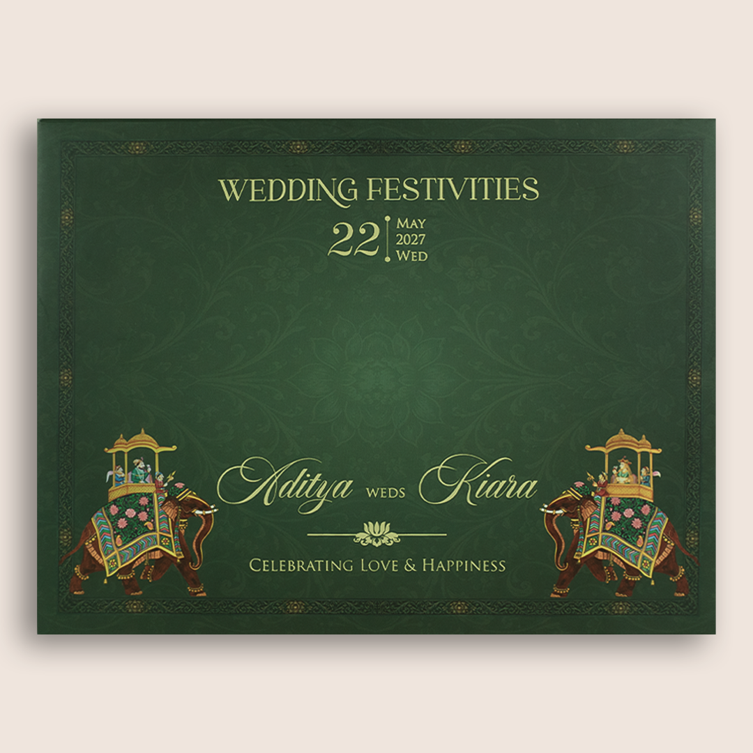 Green Royal Elephant Laser cut Padded Wedding Card - KFR17470