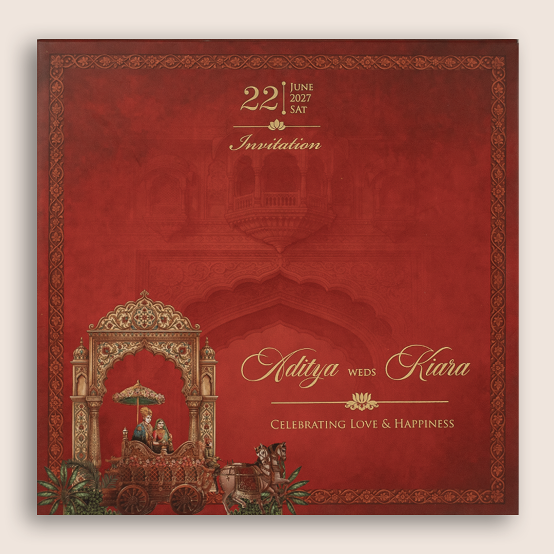 Red Laser Cut Horse Chariot MDF Wedding Invitation - KFR17090