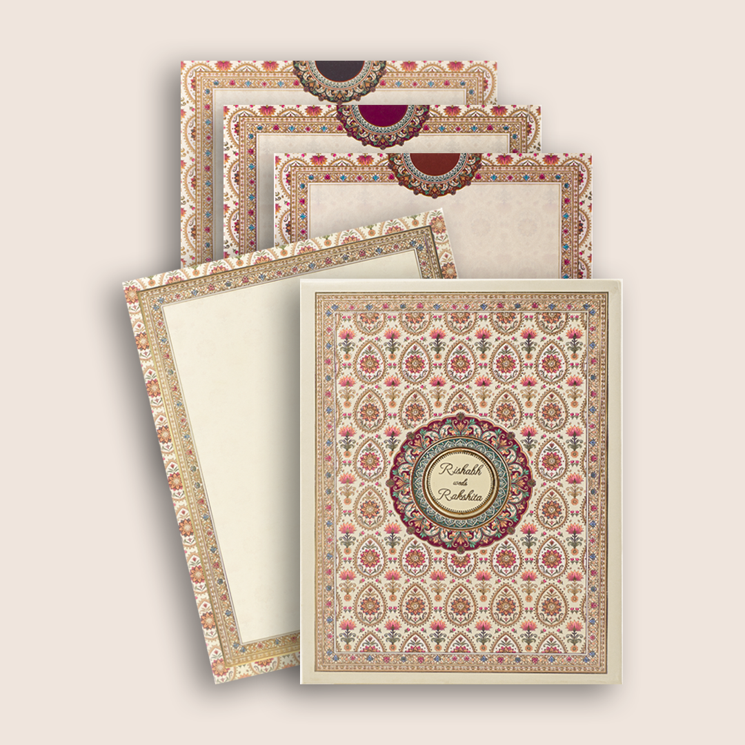 Cream Floral Padded  Round mandala Pattern Wedding card -KAA05720