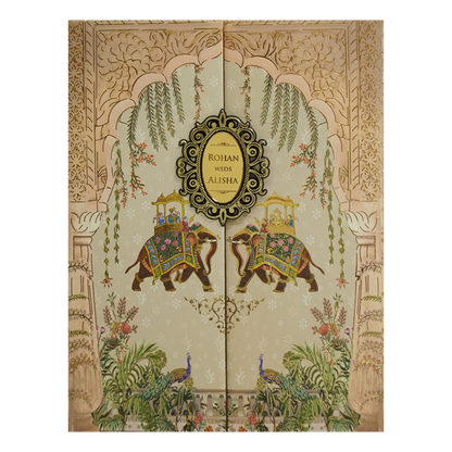 Beige Gold Elephant and Peacock Theme Wedding Card - KFR16450