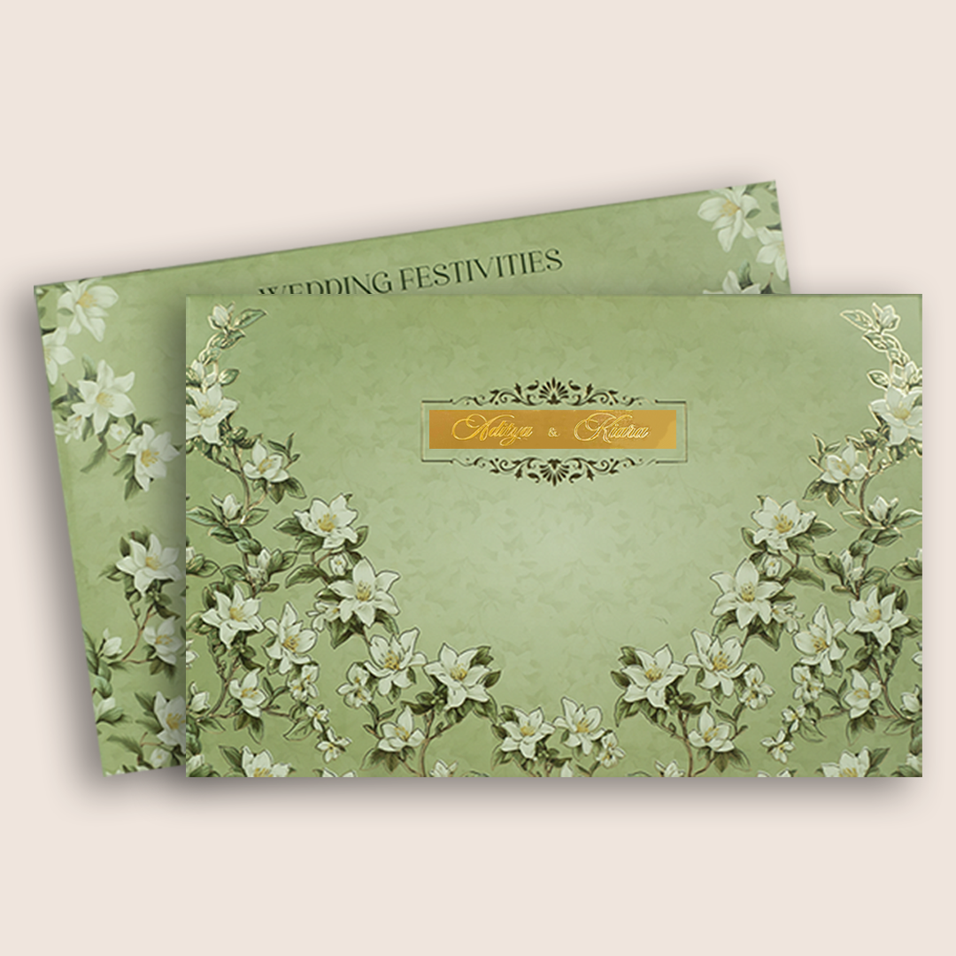 Olive Green Embossed Lilly Flower Padded Wedding Invitation - KFR17430