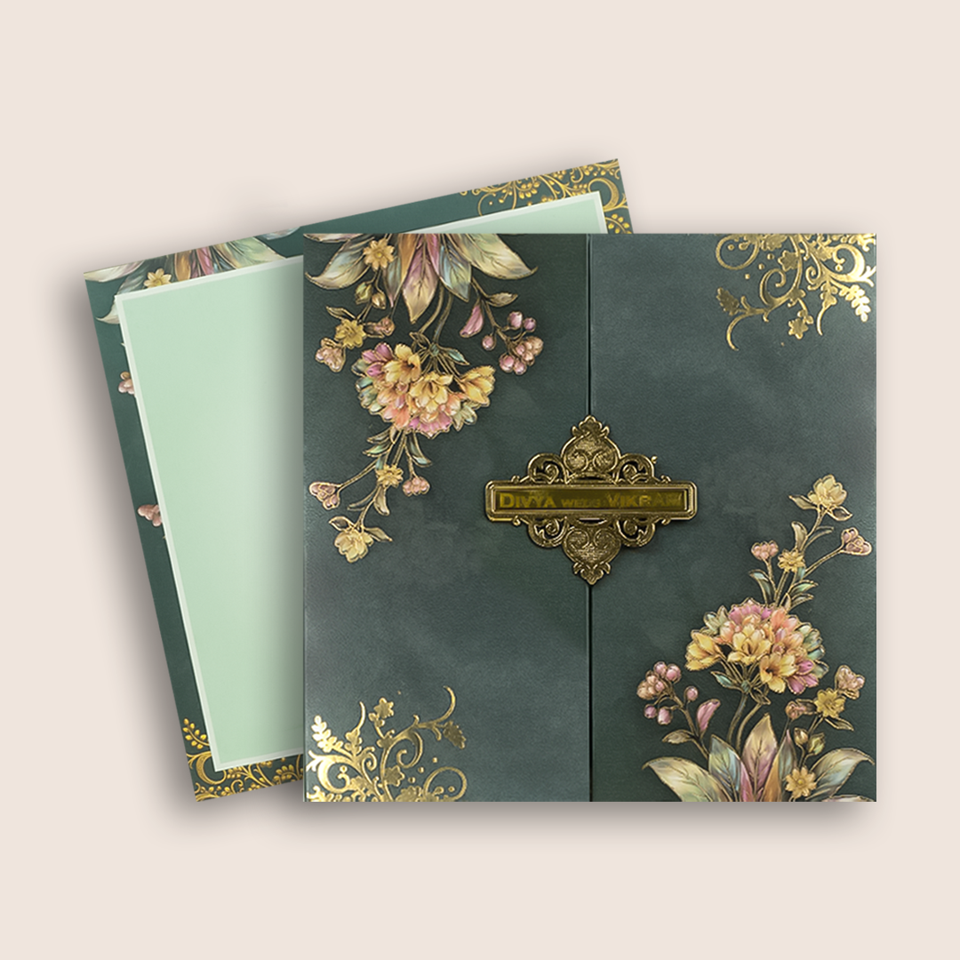Green Floral Door Style Padded Wedding Card - KNAM4903