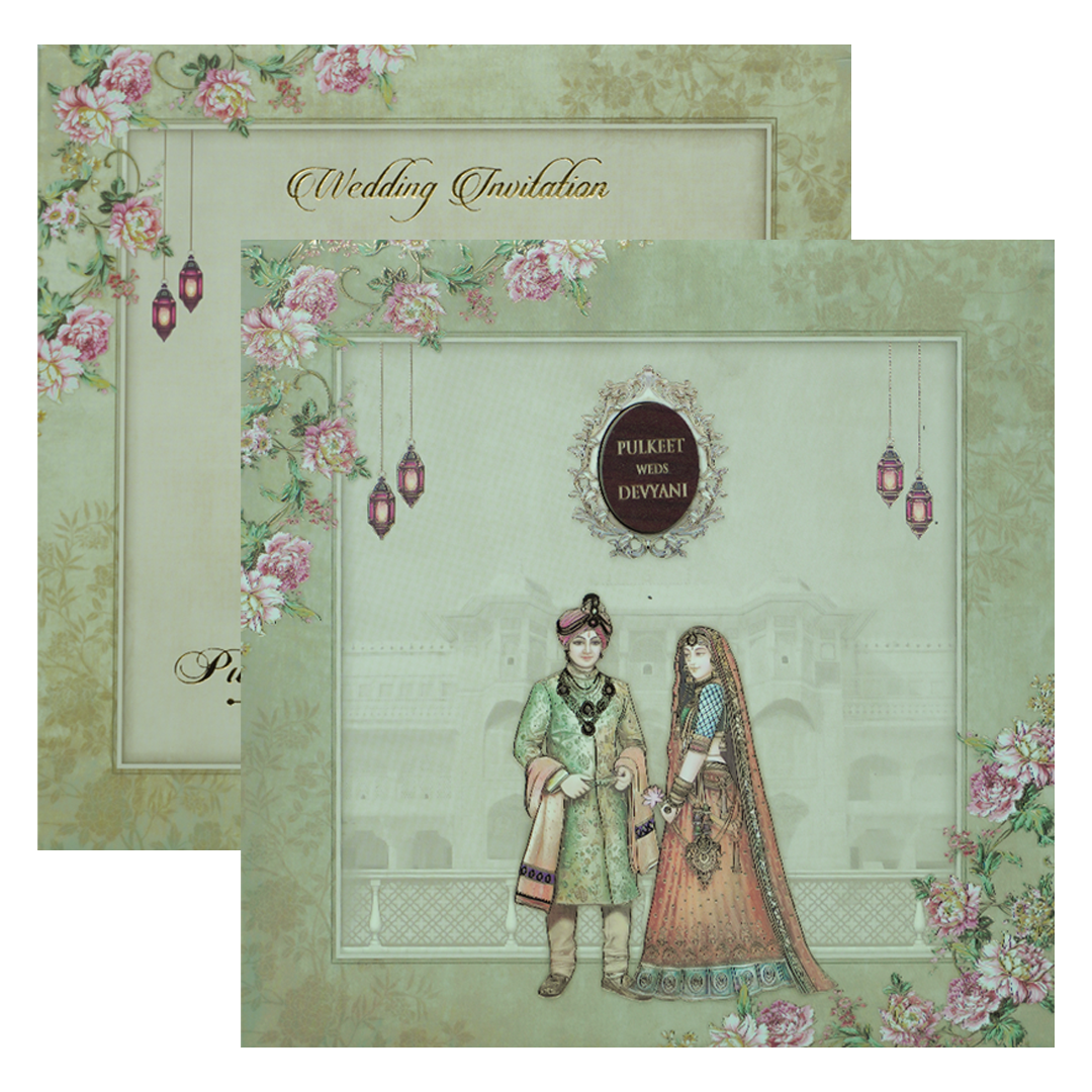 Green Floral Couple Palace Padded Wedding Card-KJTS1820