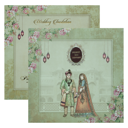 Green Floral Couple Palace Padded Wedding Card-KJTS1820