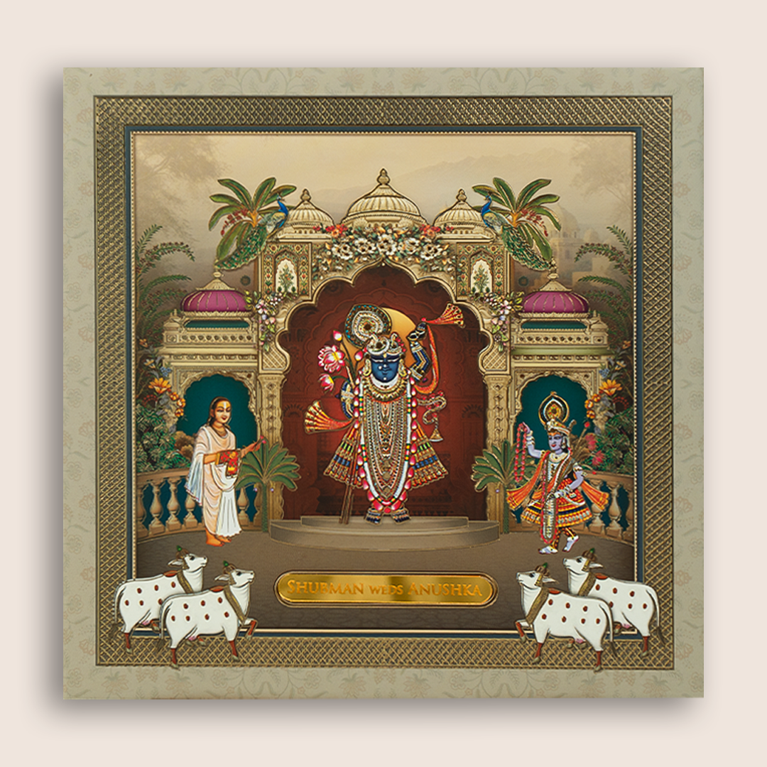 Grey Lord Shrinathji Padded Wedding Invitation - KRB10510
