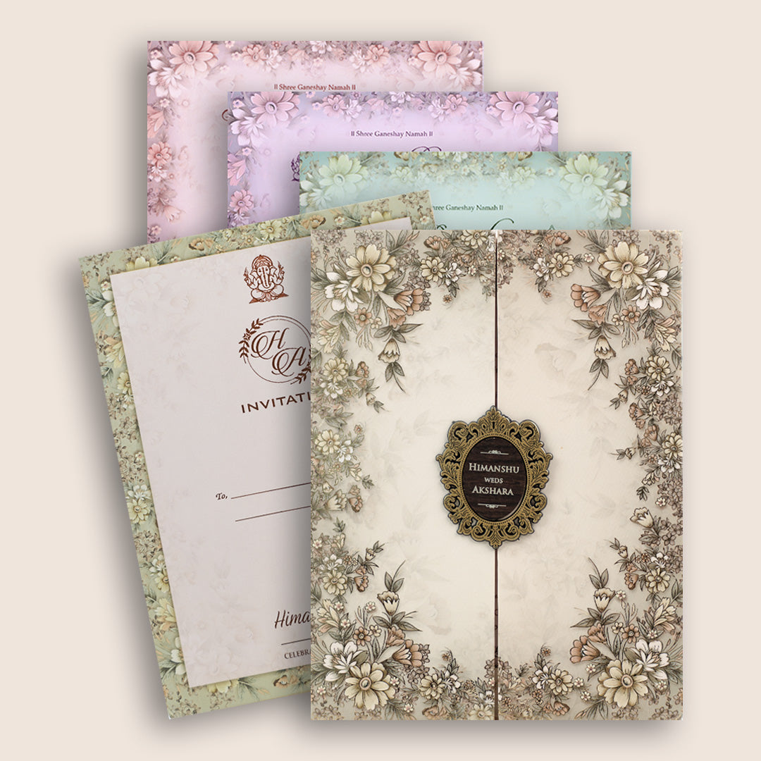 Beige Floral Door Style Padded Marriage Card - KSH72430
