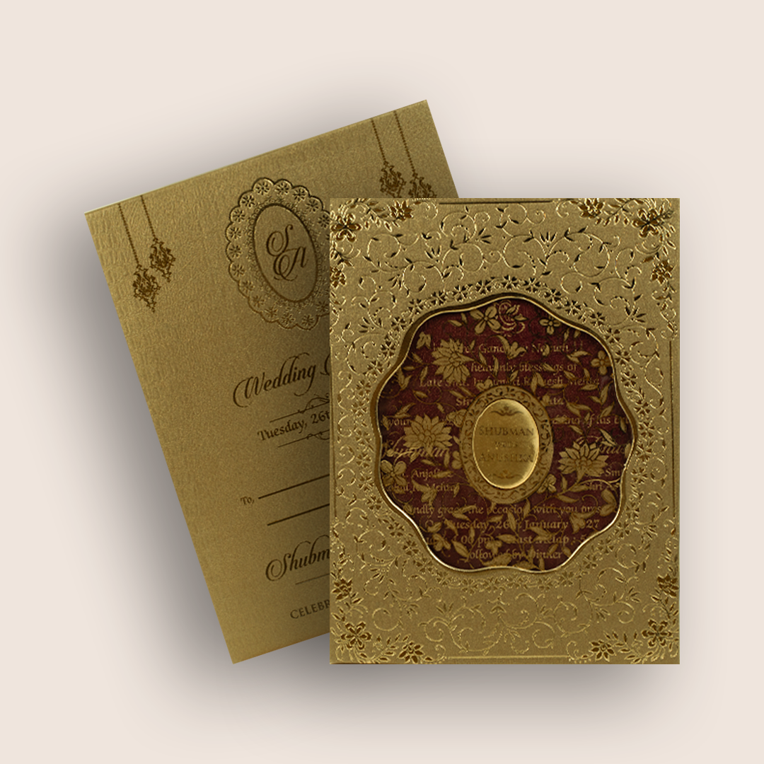 Gold Floral MDF Laser Cut Wedding Invitation Card - KRB10150