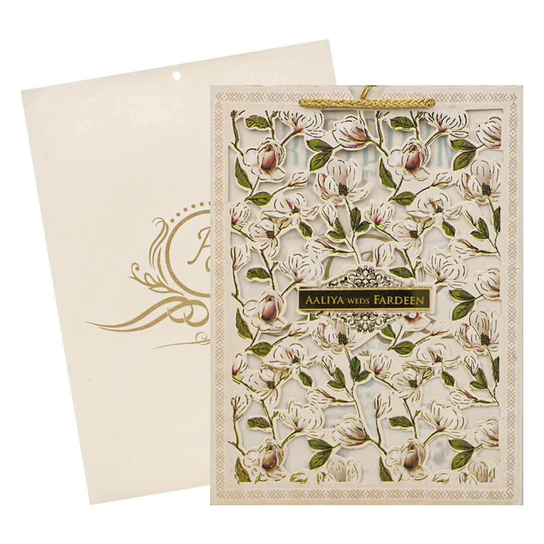 Cream Pink Floral Laser Cut Wedding Card-KVN06350