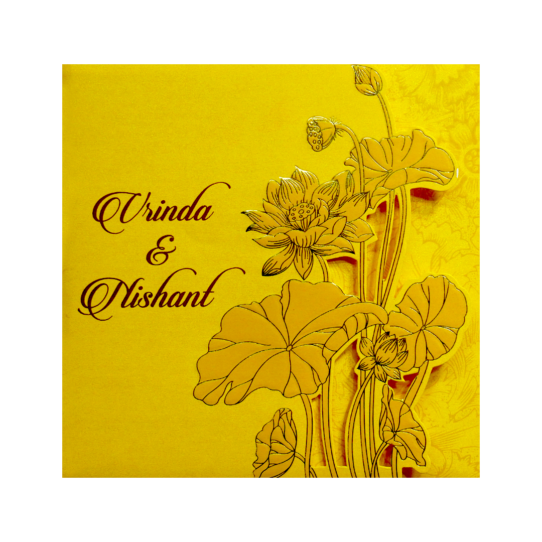 Yellow Lotus Laser Cut Door Style Wedding Card-KPR06120