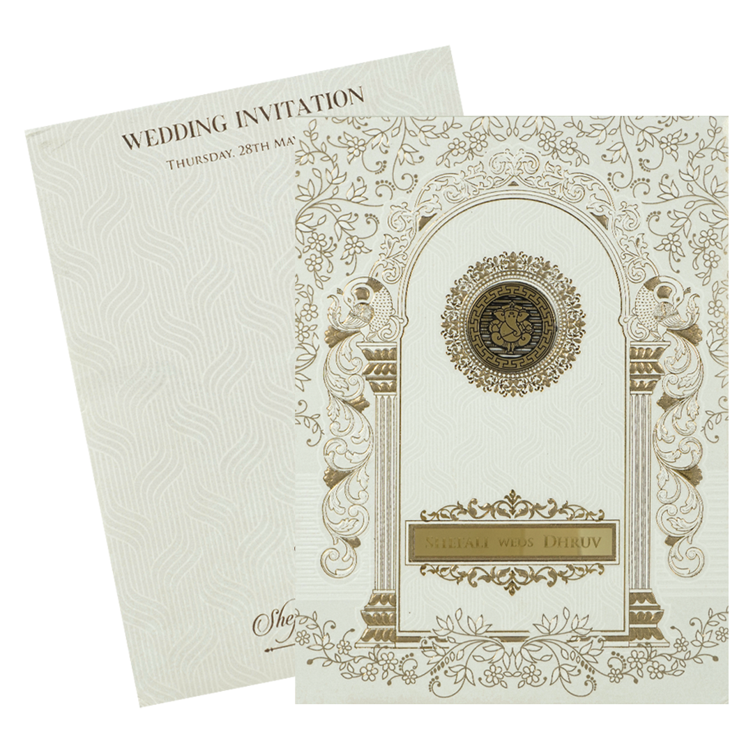 White Embossed Arch Padded Wedding card-KRE28150