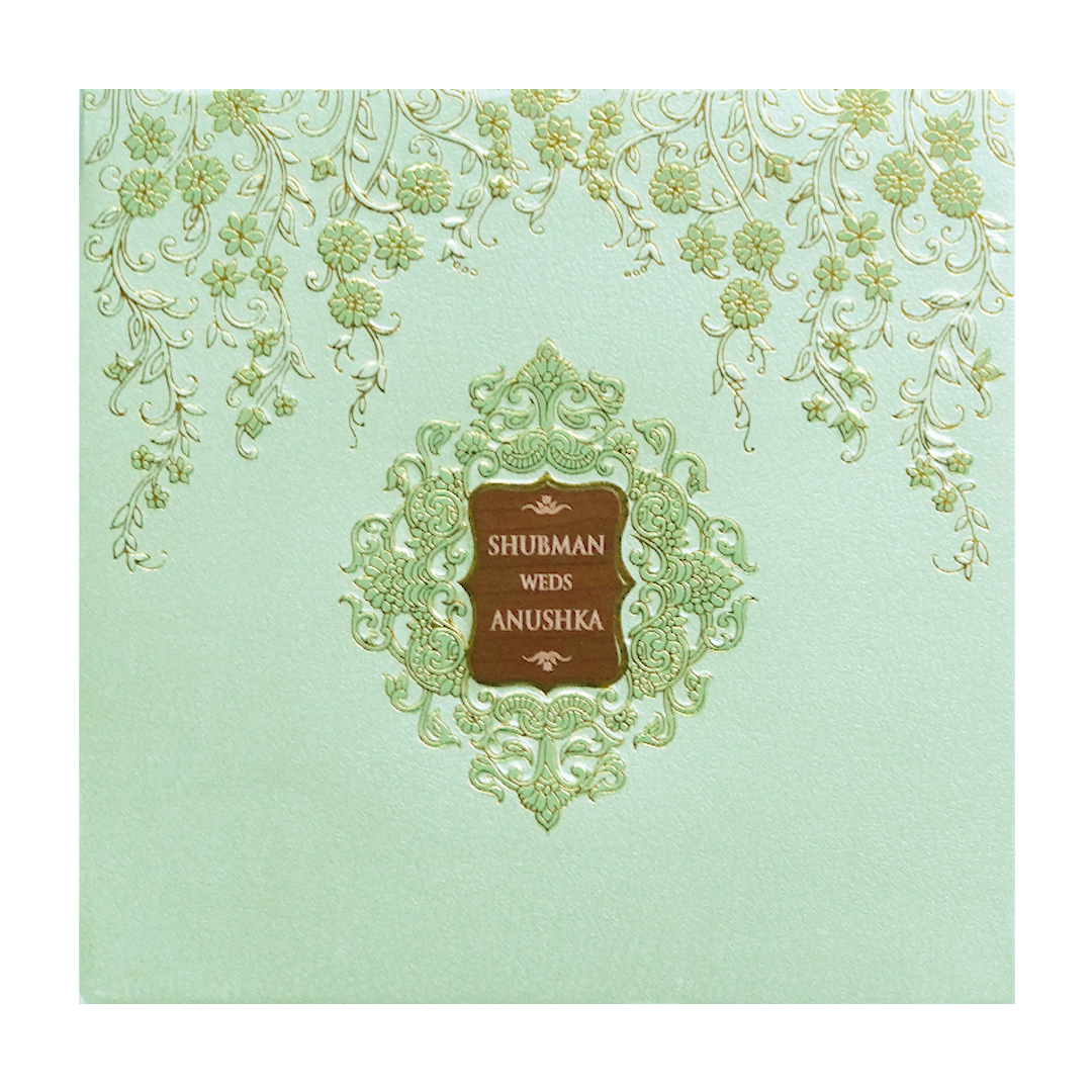 Pista Green Padded Embossed Floral Wedding Invitation Card-KRB09571