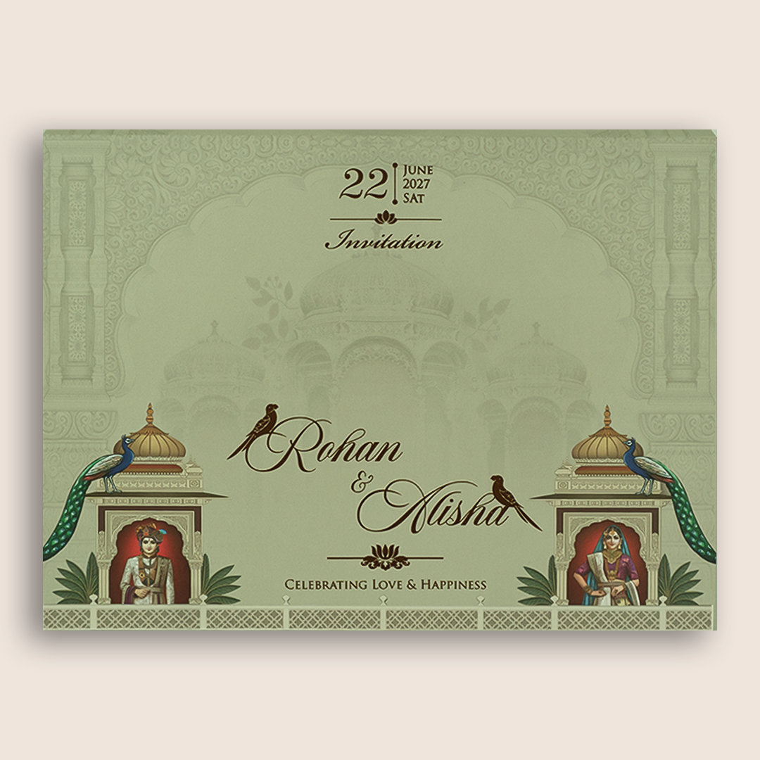 Pale Green Bride Groom Door Style Padded Wedding Card - KFR17360