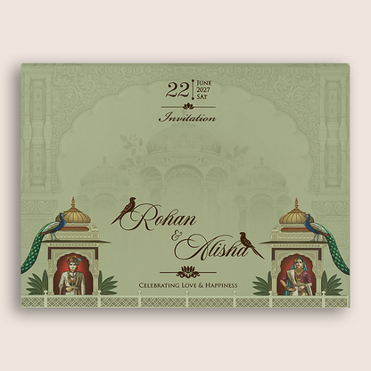 Pale Green Bride Groom Door Style Padded Wedding Card - KFR17360