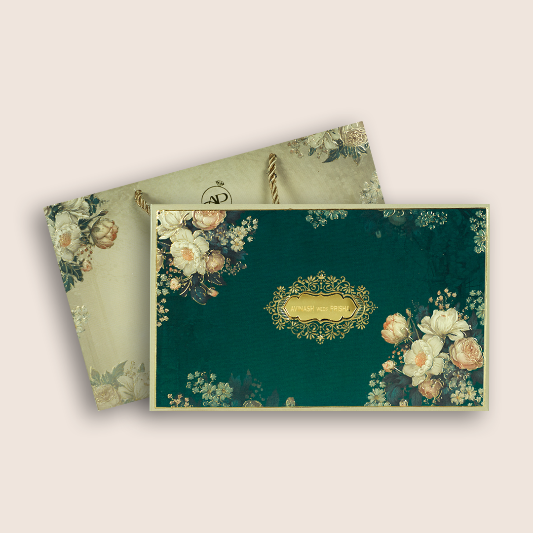 Green Embossed Floral Luxury Wedding Invitation Box - KSI32730