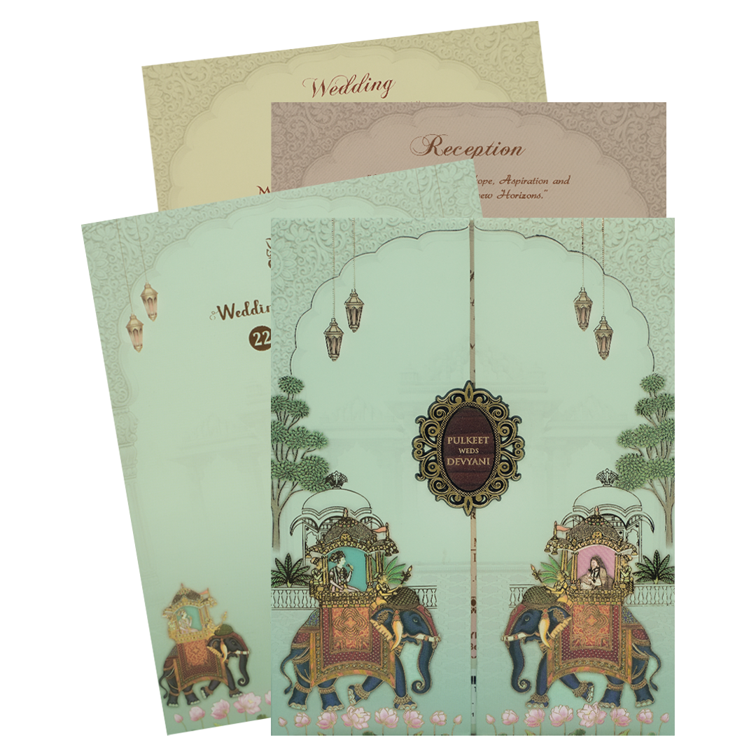 Green Royal Elephant Gatefold Padded Wedding Card-KJTS1834