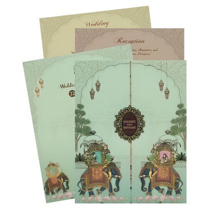 Green Royal Elephant Gatefold Padded Wedding Card-KJTS1834