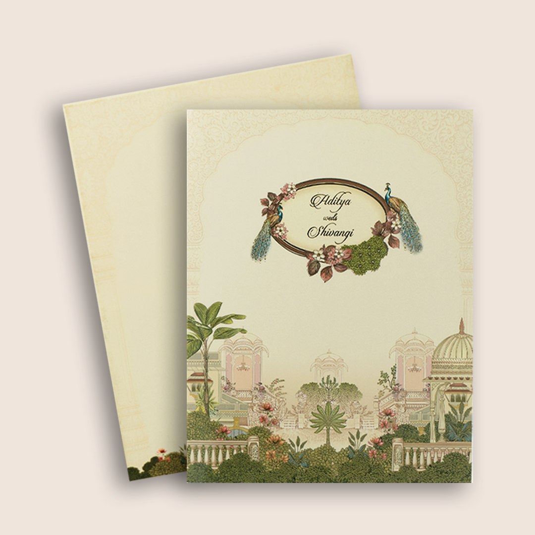 Cream Palace Peacock Wedding Card - KAA05190