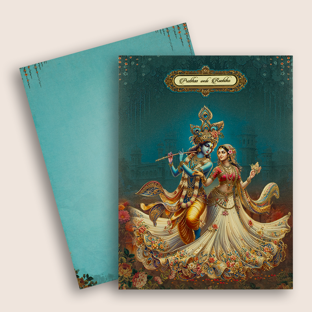 Royal Blue Radha Krishna Padded Wedding Card - KAA05770