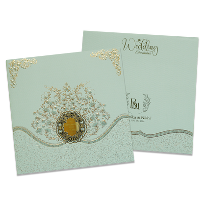 Green Floral Embossed Padded Wedding Card - KSSC2300