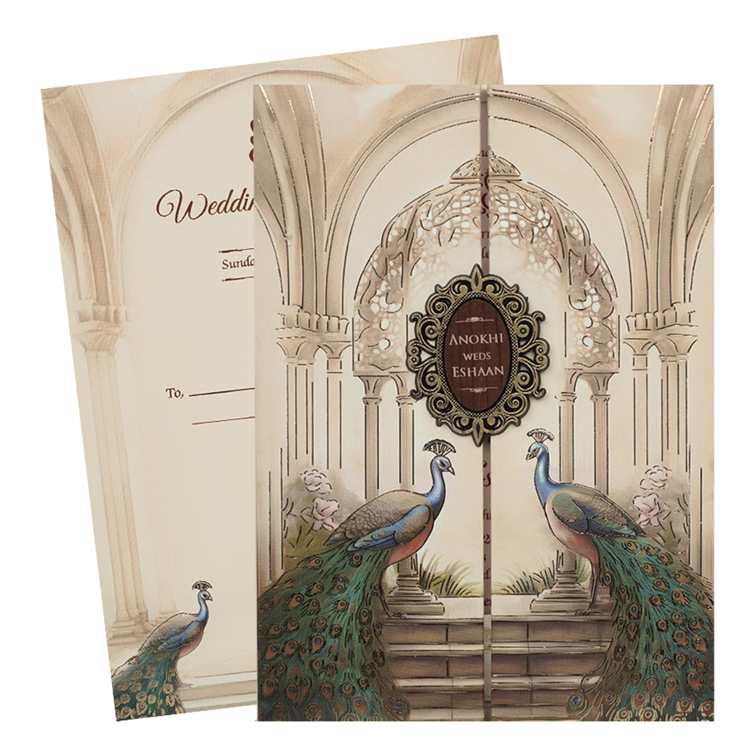 Cream Peacock Arch Luxury Padded Wedding Card-KJTS3677