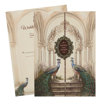Cream Peacock Arch Luxury Padded Wedding Card-KJTS3677