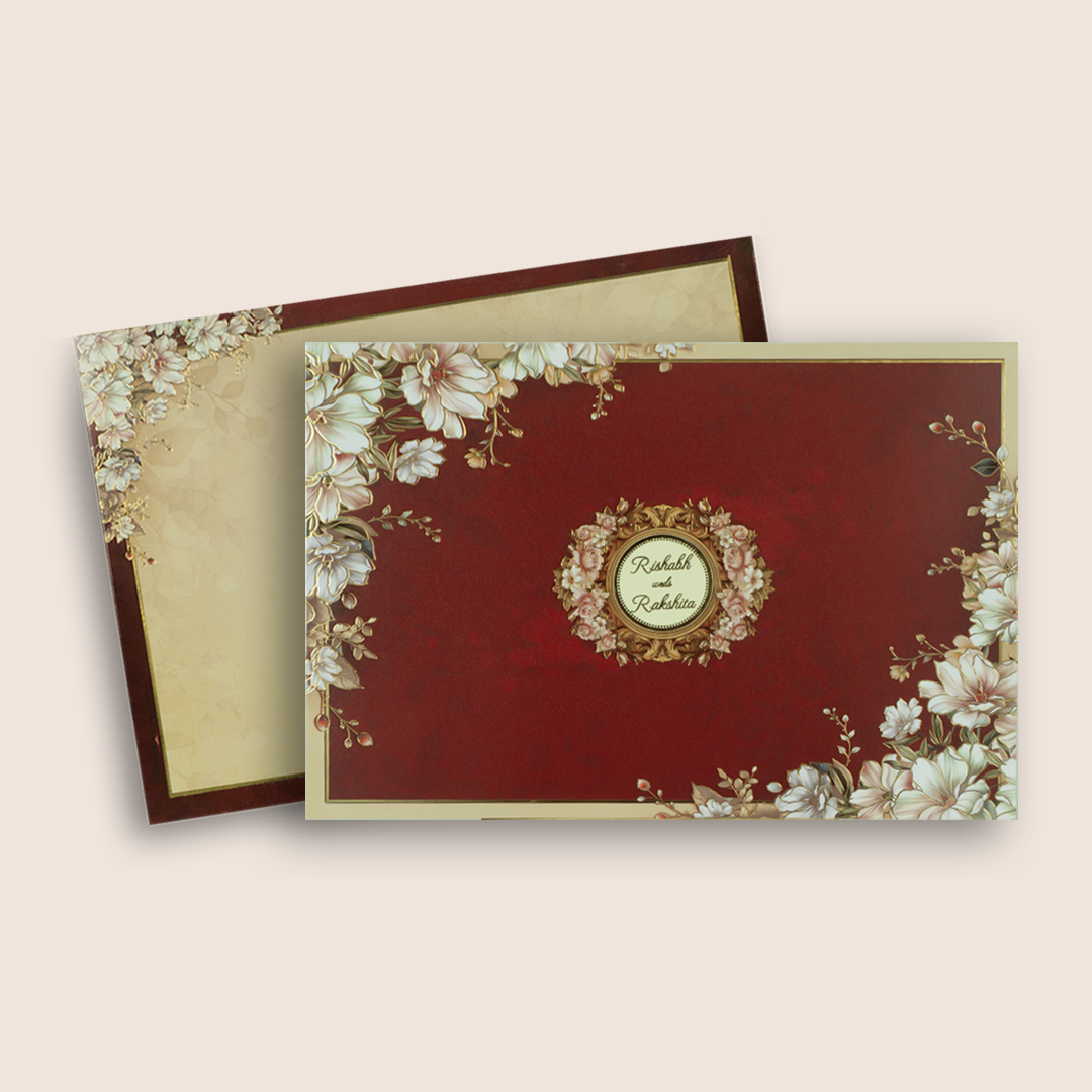Maroon Floral Premium Wedding Card - KAA05300