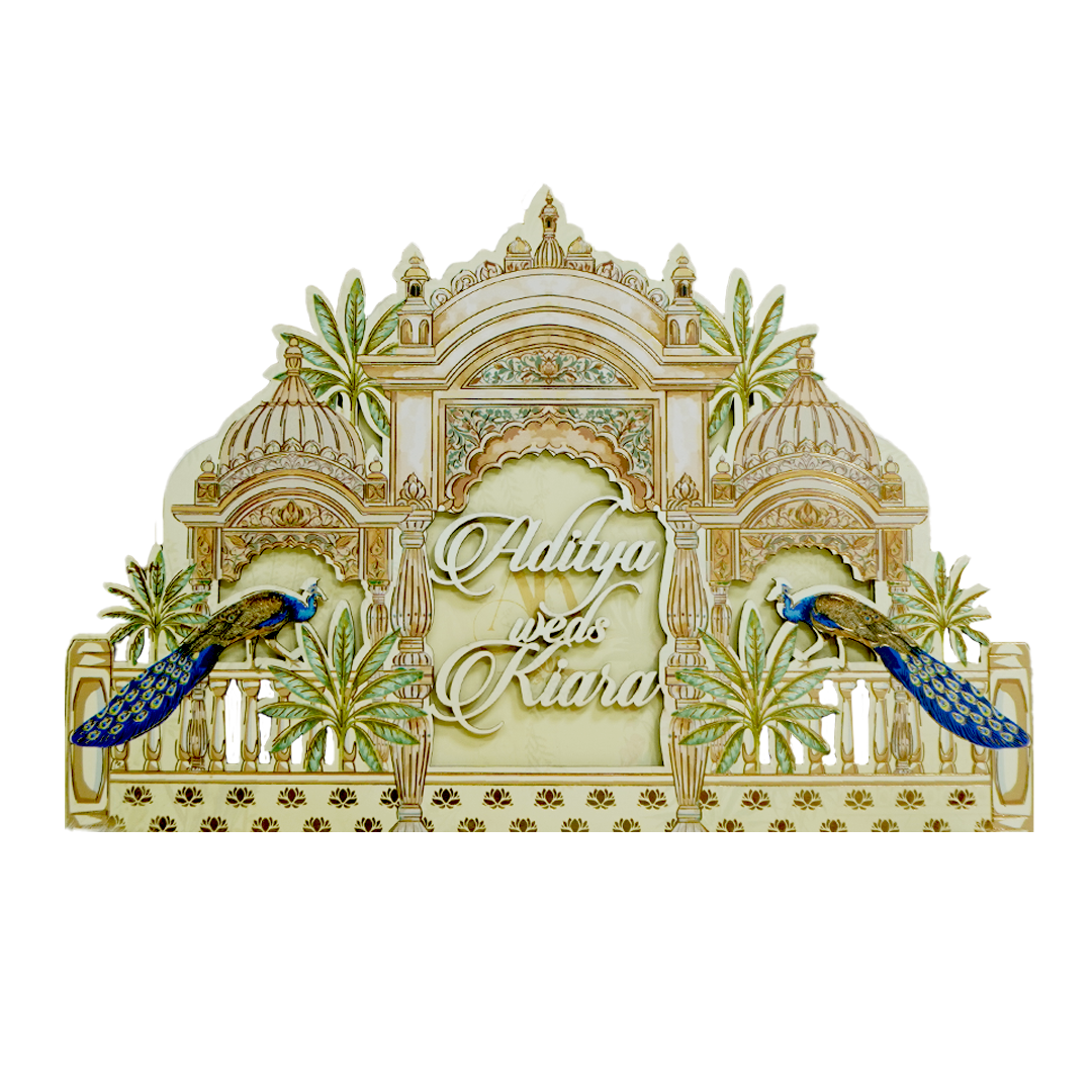 Yellow Palace Peacock Laser Cut Wedding Card - KFR15060