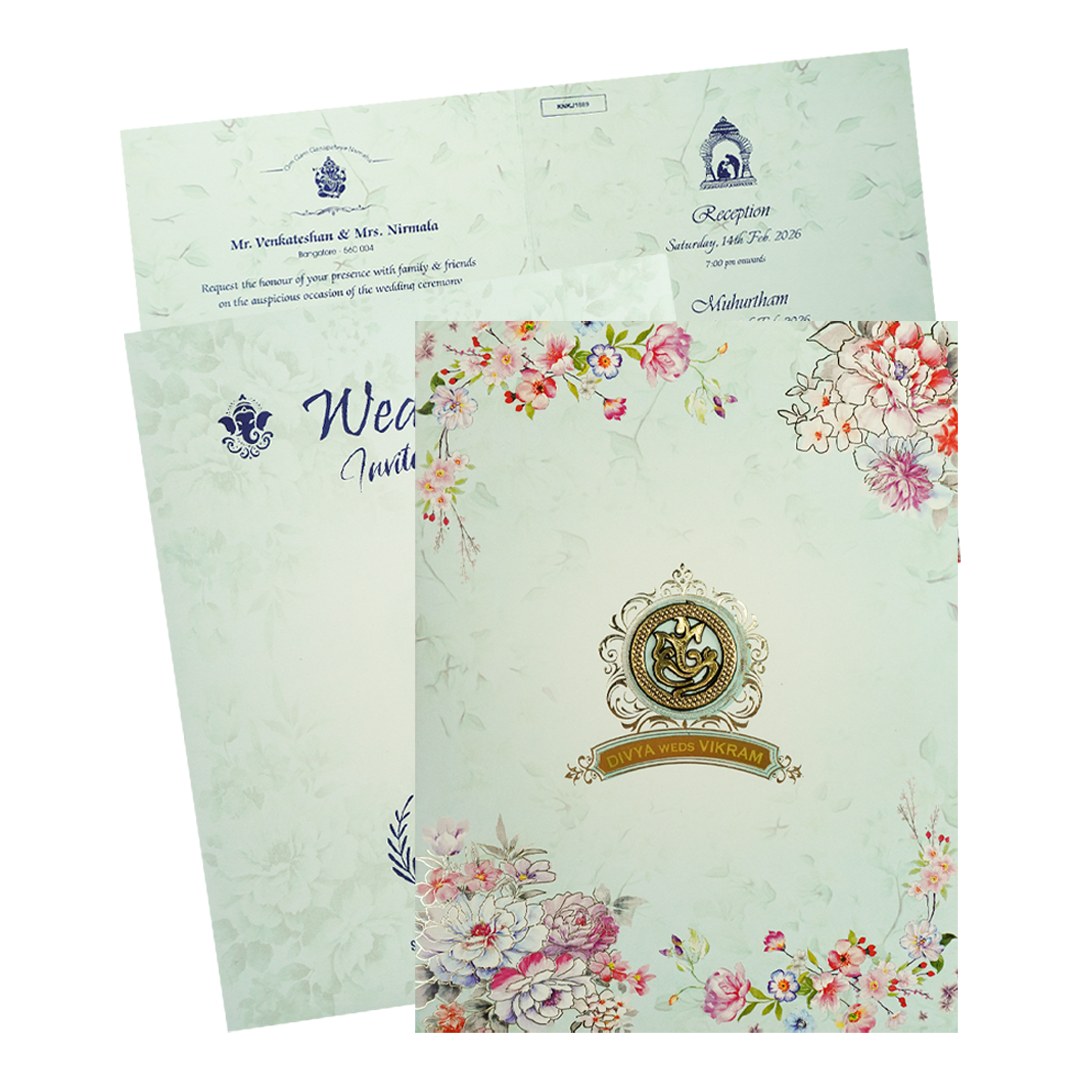 Mint Blue Floral Ganesha Wedding Card-KNKJ1089