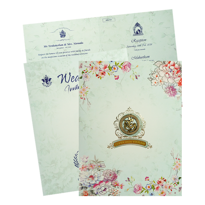 Mint Blue Floral Ganesha Wedding Card-KNKJ1089