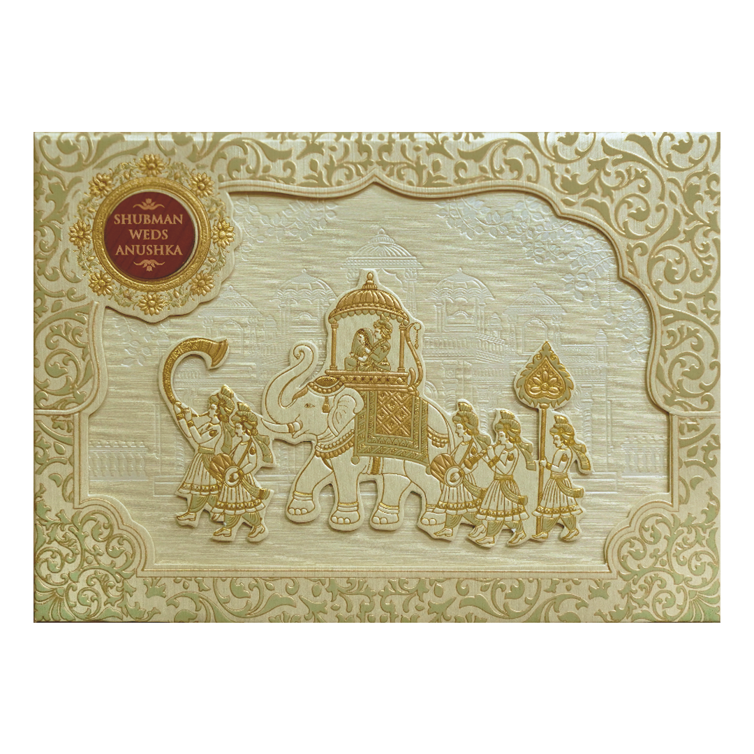 Royal Beige Embossed Gold Foil Wedding Invitation Card-KRB09780