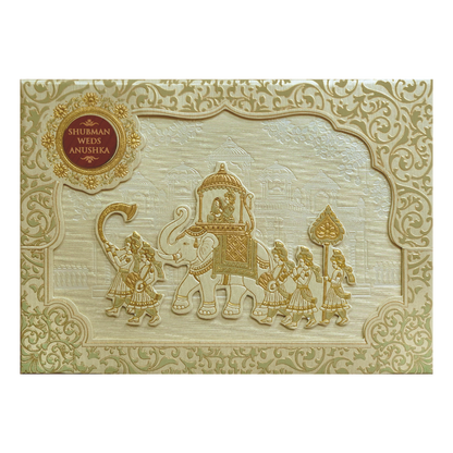 Royal Beige Embossed Gold Foil Wedding Invitation Card-KRB09780