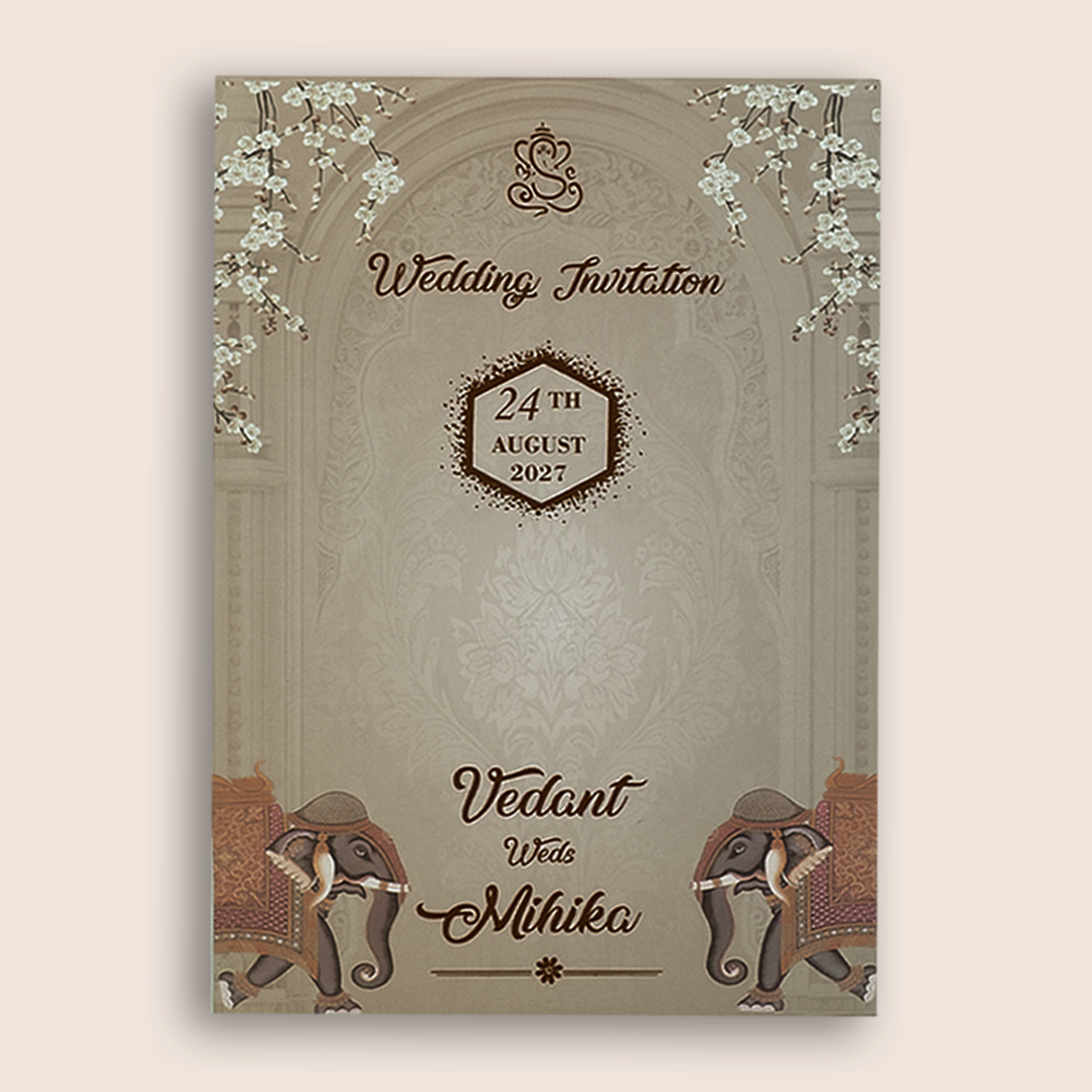 Pale Brown Royal Elephant Padded Door Style Wedding Card - KVN07050