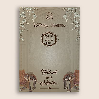 Pale Brown Royal Elephant Padded Door Style Wedding Card - KVN07050