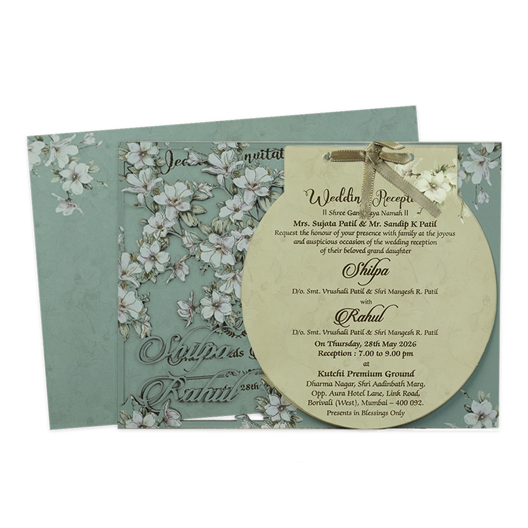 Green Laser Cut Floral Ribbon Wedding Card-KRE26740