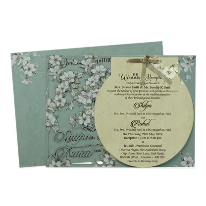 Green Laser Cut Floral Ribbon Wedding Card-KRE26740