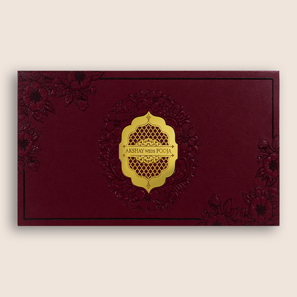 Dark Pink Embossed Floral Padded Wedding Card - KPR024570