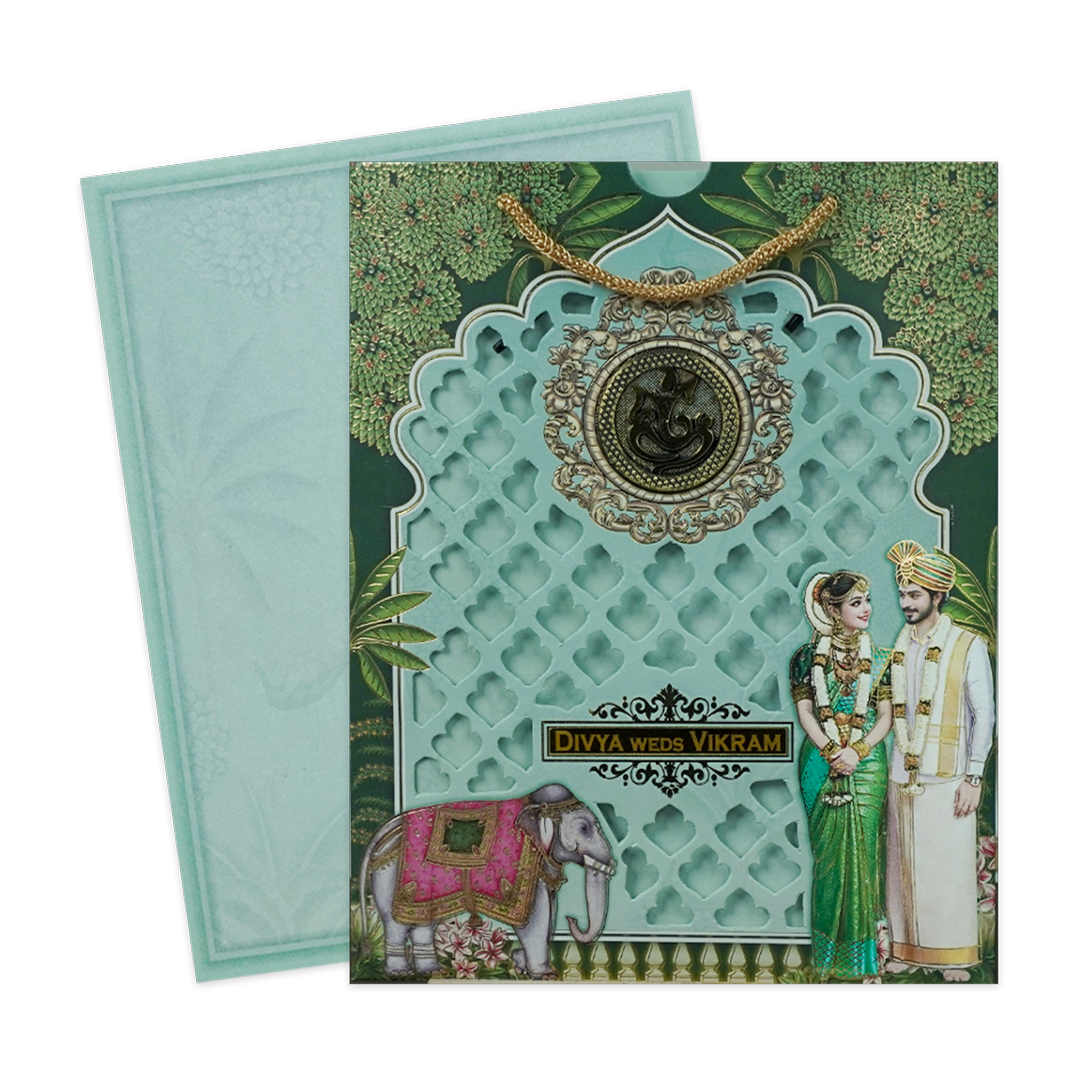 Green Elephant Couple Laser-Cut Wedding Card-KNKQ8306