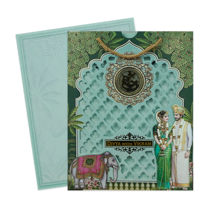 Green Elephant Couple Laser-Cut Wedding Card-KNKQ8306