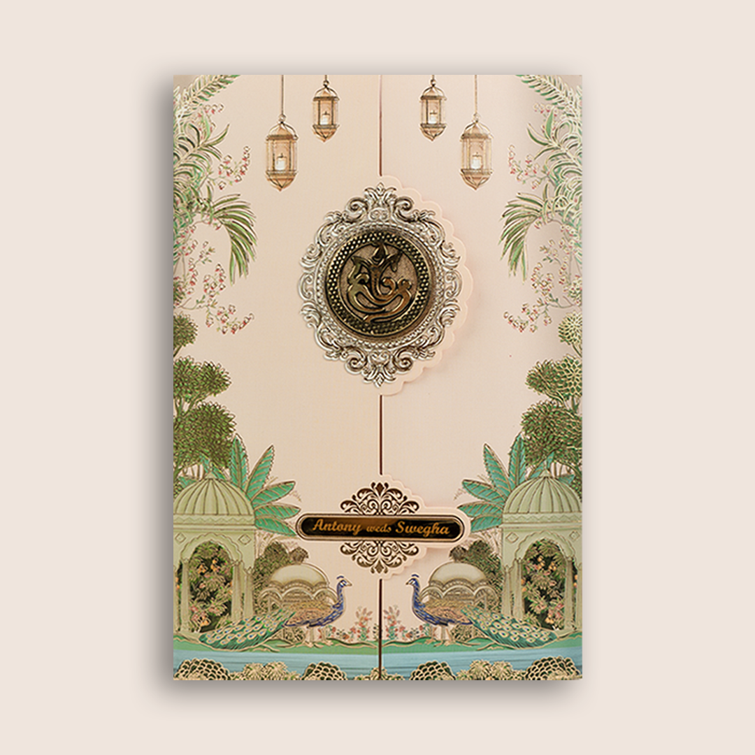 Cream Door Style Peacock Wedding Card - KNKY2601