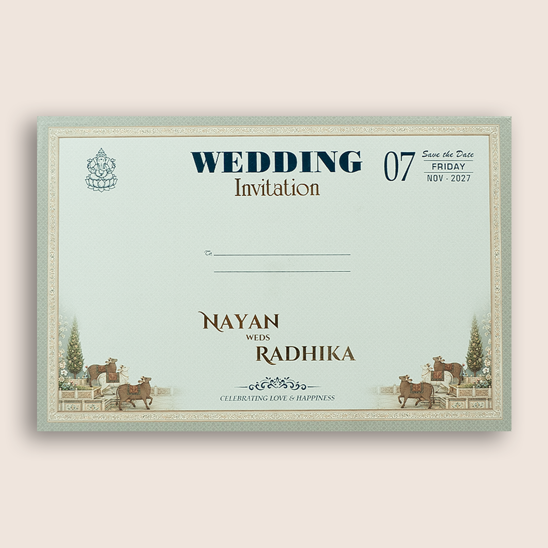 Blue Jharokha Padded Wedding Invitation Card - KSH18050