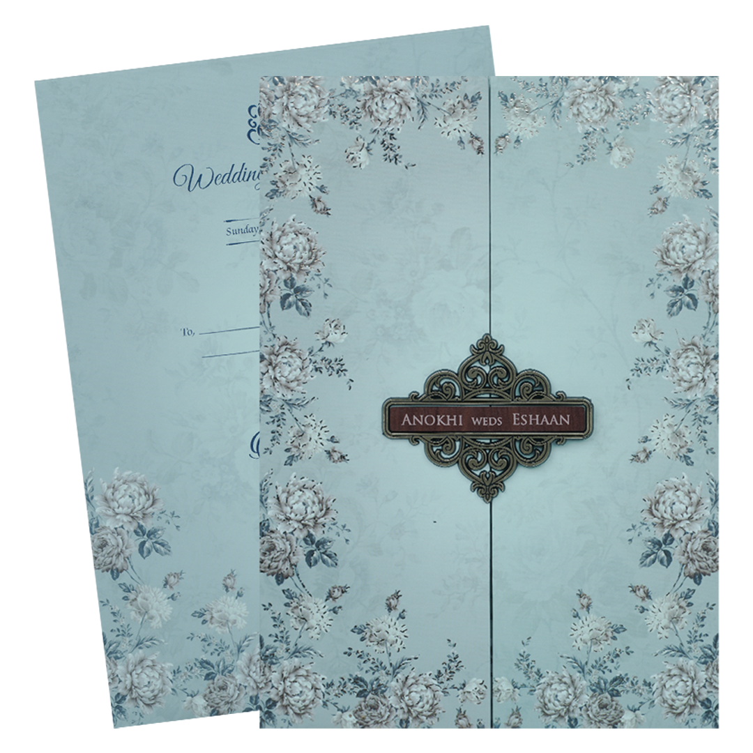 Pastel Blue Floral Padded Wedding Card-KJTS3661