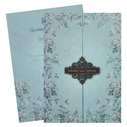 Pastel Blue Floral Padded Wedding Card-KJTS3661