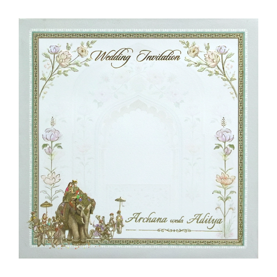 Grey &amp; Gold 3D Padded Elephant Procession Wedding Card-KMMEX8060