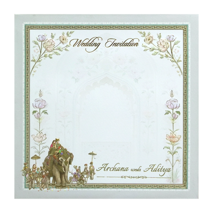 Grey &amp; Gold 3D Padded Elephant Procession Wedding Card-KMMEX8060